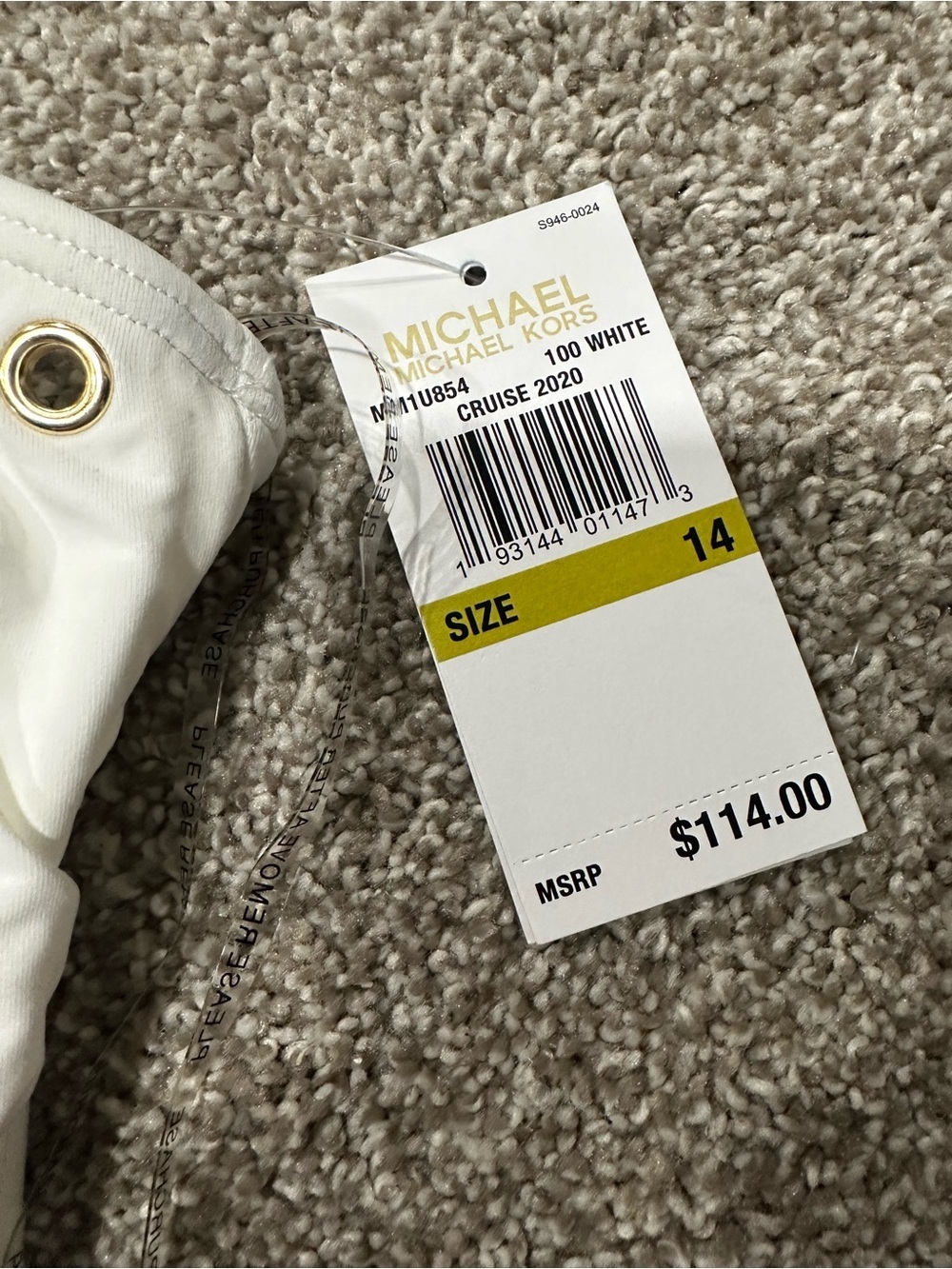 NWT Michael Kors White One Shoulder Swimsuit Size 14 Gold Grommets Cruise 2020 - Picture 5 of 5